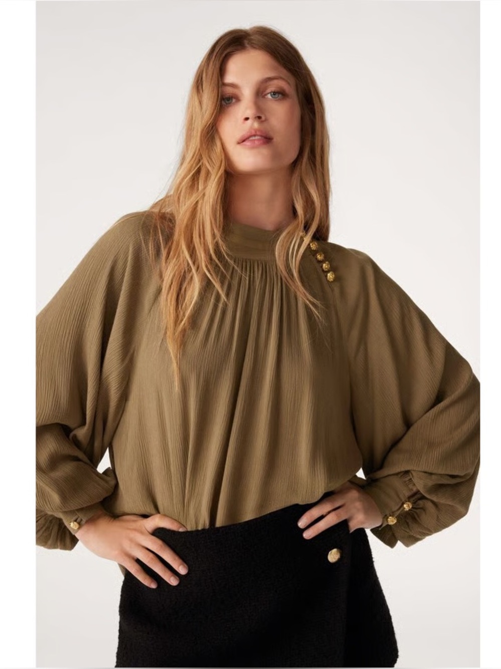ba&sh Neil Blouse Khaki Green Pleated High Neck Gold Button Top Size 1 NWT